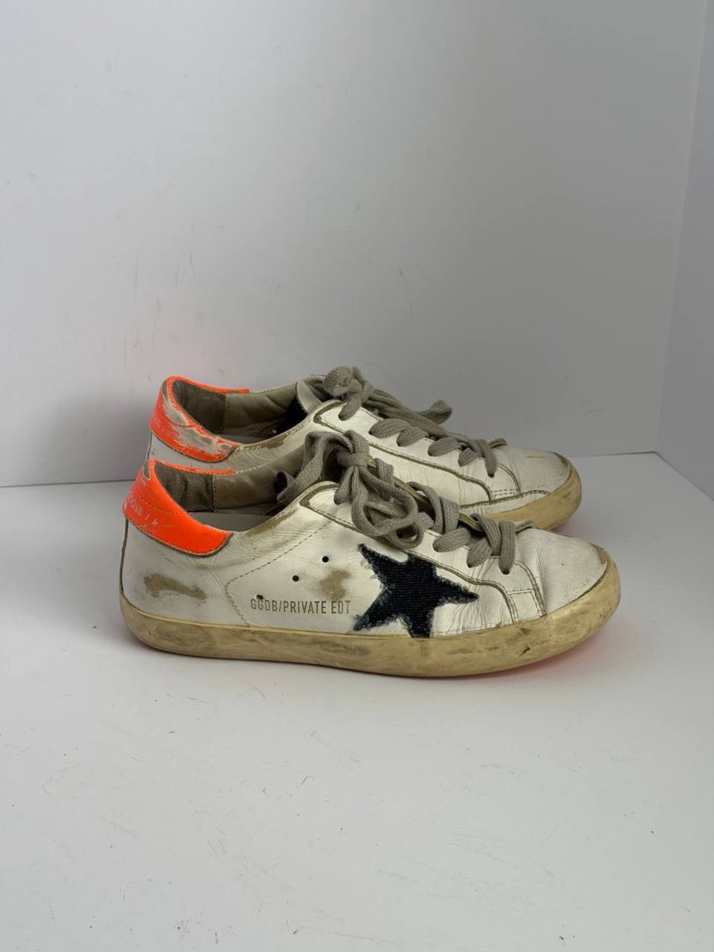 Golden Goose Super-Star White Leather Sneakers Denim Star and Neon Orange